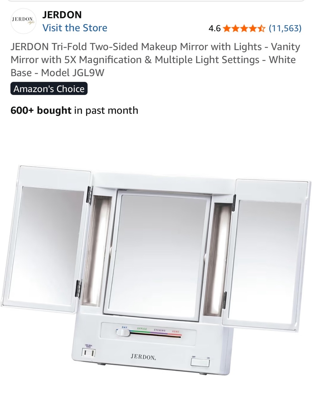 Jerdon White Tri-Fold Lighted Makeup Mirror with 5X Magnification